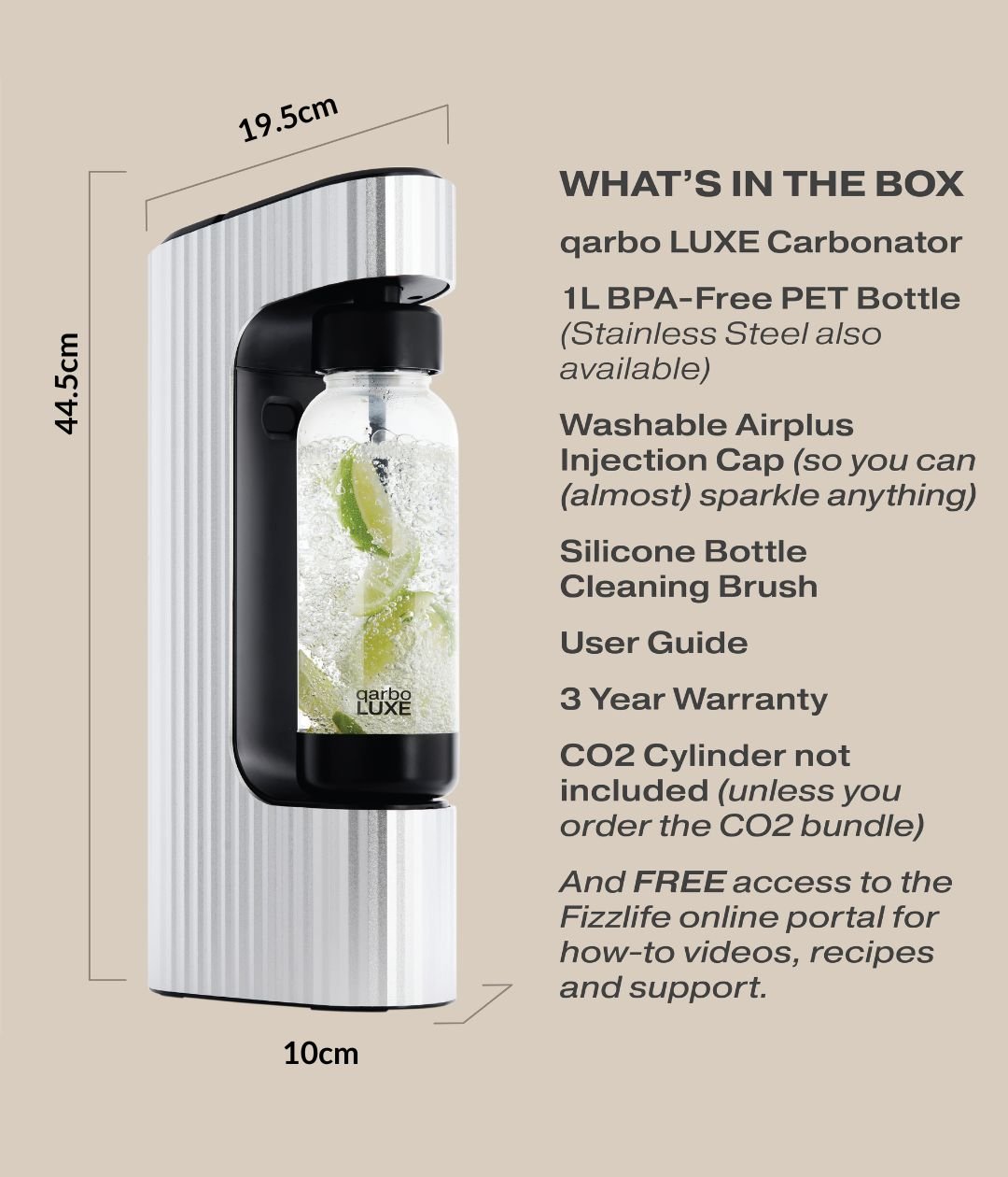 qarbo LUXE Sparkling Water and Beverage Maker with 2 Extra Bottles